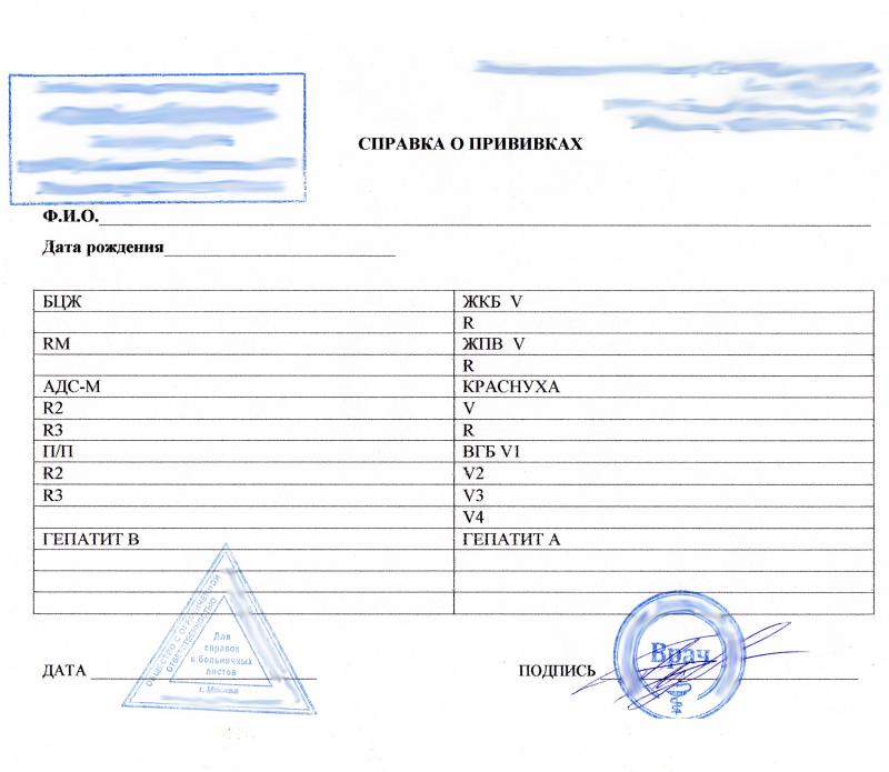 Выписка о прививках Краснуха